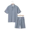 Ensemble 2 pièces en tricot gaufré gris pour homme avec polo zippé et short décontracté - S / Top And Bottom / Gris clair