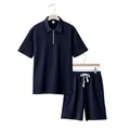 Ensemble 2 pièces homme en maille gaufrée marine avec polo zippé et short - S / Top And Bottom / Bleu marine