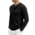 Classic black long sleeve waffle knit Henley shirt for men with button neck detail - S / Tops / Black