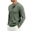 Men's waffle knit long sleeve Henley t-shirt in sage green, casual button neck top - Light Green