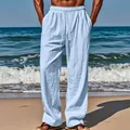Relaxed fit men's light blue linen trousers perfect for beach and summer travel - Light Blue