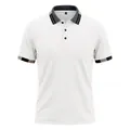 Vista frontal de polo blanco para hombre con cuello en contraste y puños de rayas detallados. - S / Tops / Blanco