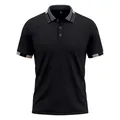 Vista detallada del cuello a rayas en contraste y la tapeta de botones en el polo negro - S / Tops / Negro