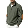 Men's army green ribbed half-zip sweatshirt featuring stylish brown elbow patches - Army Green