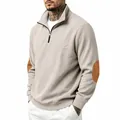 Men's casual ribbed half-zip sweatshirt in beige featuring brown elbow patches - Apricot