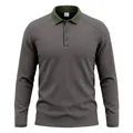 Macro view of men's textured long sleeve polo shirt with green ribbed collar - S / Tops / Gray