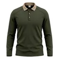 Men's olive green long-sleeve Polo shirt with contrast tan ribbed collar and texture - S / Tops / Army Green