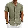 Casual heren linnen overhemd olijfgroen met opstaande kraag en korte mouwen detail - S / Tops / Legergroen