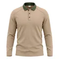 Close-up of men's long-sleeved tan polo shirt featuring a green contrast ribbed collar - Khaki