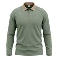 Detail view of men's olive green long sleeve Polo shirt with contrast khaki collar - Light Green