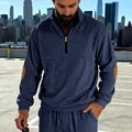 Men's navy blue corduroy half-zip sweatshirt featuring stylish tan elbow patches. - S / Tops / Navy Blue