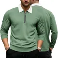 Polo para hombre de punto gofrado verde salvia con cuello blanco y cremallera de cuarto - S / Tops / Verde Militar