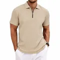 Detailed view of the men's polo shirt with vertical jacquard texture and zipper lapel. - S / Tops / Khaki