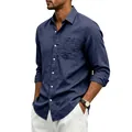 Detailansicht eines dunkelblauen Leinenhemdes für Herren mit Revers und einer Tasche - S / Oberteile / Marineblau