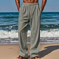 Men's loose grey linen casual pants with drawstring waist perfect for beach or travel wear - Gray