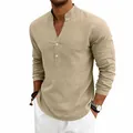 Herren Henley-Hemd aus Leinen in Khaki mit Stehkragen und langen Ärmeln im Casual-Stil - S / Oberteil(LT-8) / Khaki