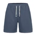 Detail view of men's casual linen shorts with adjustable drawstring and elastic waist. - S / Bottoms / Navy Blue