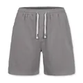 Detail view of grey men's linen shorts featuring a drawstring and elastic waistband. - S / Bottoms / Gray