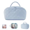 Light blue quilted cosmetic bag, large capacity travel organizer pouch with zipper and handle. - Blue