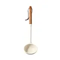 Premium white silicone cooking ladle with a natural acacia wood handle and leather loop - Soup Spoon
