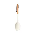 Cream white silicone cooking spoon with natural acacia wood handle and leather loop - Solid Spoon