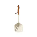 Premium cream white silicone slotted spatula with acacia wood handle and leather strap - Skimmer