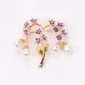 Elegant vintage flower branch brooch with purple enamel blossoms and white pearls - Purple