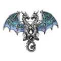 Vintage-Brosche mit zweiköpfigem Drachen und blau-grünen Verlaufsflügeln in Altsilber - Blau (DW1256)