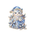 Spilla gatto in strass bianco e blu con design a scatola regalo di Natale festiva. - porcellana blu e bianca