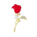 Elegant red rose brooch featuring white pearl and sparkling crystal accents on gold stem - Rose (E9-5-9765) / Red