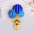 Cute whimsical cartoon girl on blue striped hot air balloons enamel brooch jewelry - Blue Hot Air Balloon Girl / Blue