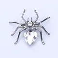 Sparkling rhinestone spider brooch with pear-shaped crystal in gunmetal finish - Gun Black White