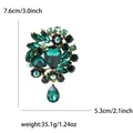 Emerald green flower brooch with pear-shaped teardrop pendant and crystal rhinestones - 7.6x5.3cm / Green