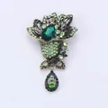 Vintage emerald green flower brooch with iridescent rhinestones and drop pendant - S3 Dark Green Main Stone