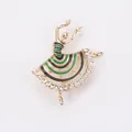 Elegant enamel ballerina dancer brooch with green stripes and sparkling rhinestones - Ballet Girl Style (C3-3-7939)