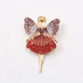Exquisite ballerina girl brooch with purple wings and a sparkling red rhinestone skirt - Red