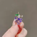 Exquisite small purple grape brooch pin with purple crystals and green leaf detail - Double Purple Grape