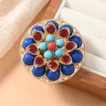 Exquisite vintage ethnic lotus brooch with turquoise and colorful stones in gold alloy - Round Multi-Layer Turquoise Lotus Multicolor