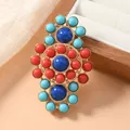 Ethnic style lotus flower brooch with imitation turquoise and red coral beads gold - Long Oval Multicolor Bead Turquoise Brooch