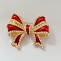 Elegant vintage French style red enamel bow brooch with white faux pearl trim jewelry - Style A (Red Bowknot)