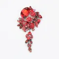 Elegant vintage red crystal flower brooch with tassel detail for women's fashion. - Red