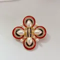 Elegant vintage French style brooch with red enamel petals and teardrop pearls in gold - Style C (Red Black Floral Cross)