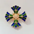 Vintage French style heraldic cross brooch featuring blue green enamel and center pearls - Style D (Blue Green Cross)
