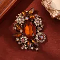 Elegant vintage amber rhinestone glass flower brooch for women fashion accessories - Yellow