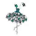 Elegant dancing ballerina brooch with sparkling green rhinestones in silver-toned alloy - Green