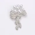 Elegant silver-tone pearl floral and bow rhinestone brooch pin for sweaters and coats - Silver Base White Bead / Bow Flower Style (8644)