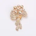 Elegant bow-shaped pearl flower brooch with sparkling rhinestones in golden finish - Gold Base Cream Pearl / Bow Flower Style (8645)