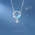 Elegante collar de estrella y luna en plata con piedras azules y cristales brillantes - Estilo Estrella Luna de Sueño / 1 Pieza (Paquete Simple) / Plateado Azul