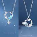 Elegante sterling zilveren hemelse kettingen met sterren maan en planeet hangers voor dames - Stermaan droomjacht + Kosmische planeet / Eenvoudige Verpakking