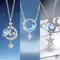 Elegante zilveren ster en maan ketting met blauwe kristallen voor damesgeschenk - Dromerige Melkweg + Droomjager Ster Maan + Ster Maan Universum / Eenvoudige Verpakking